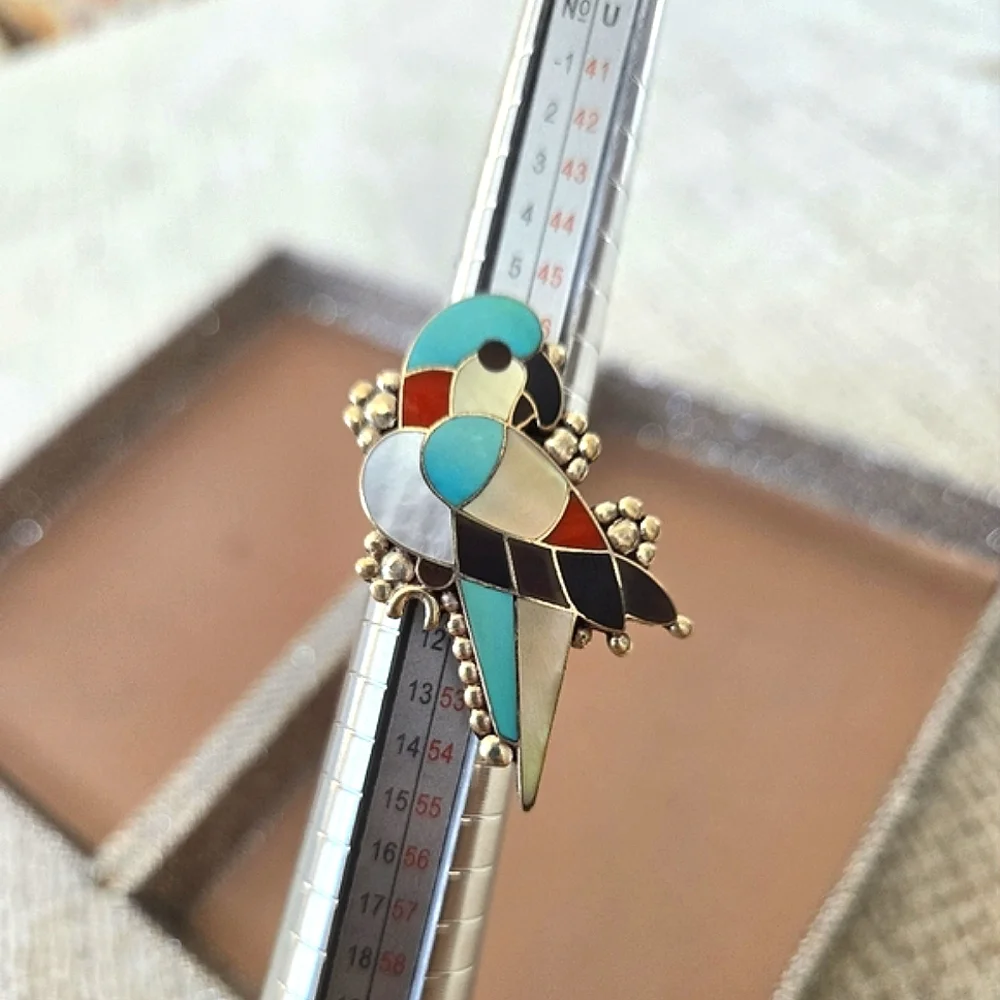Vintage Zuni Inlay Macaw Parrot Sterling Ring